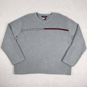 Tommy Hilfiger Y2K Vintage Sweater Mens XL V-Neck Gray Rib Knit Long Sleeve